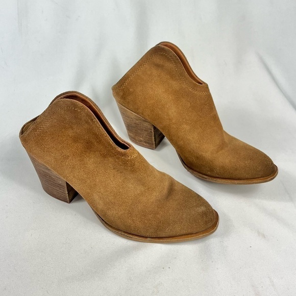 Chinese Laundry Kelso Slip On Open Back Asymmetrical Split Tan Suede Ankle Boots - Picture 3 of 9